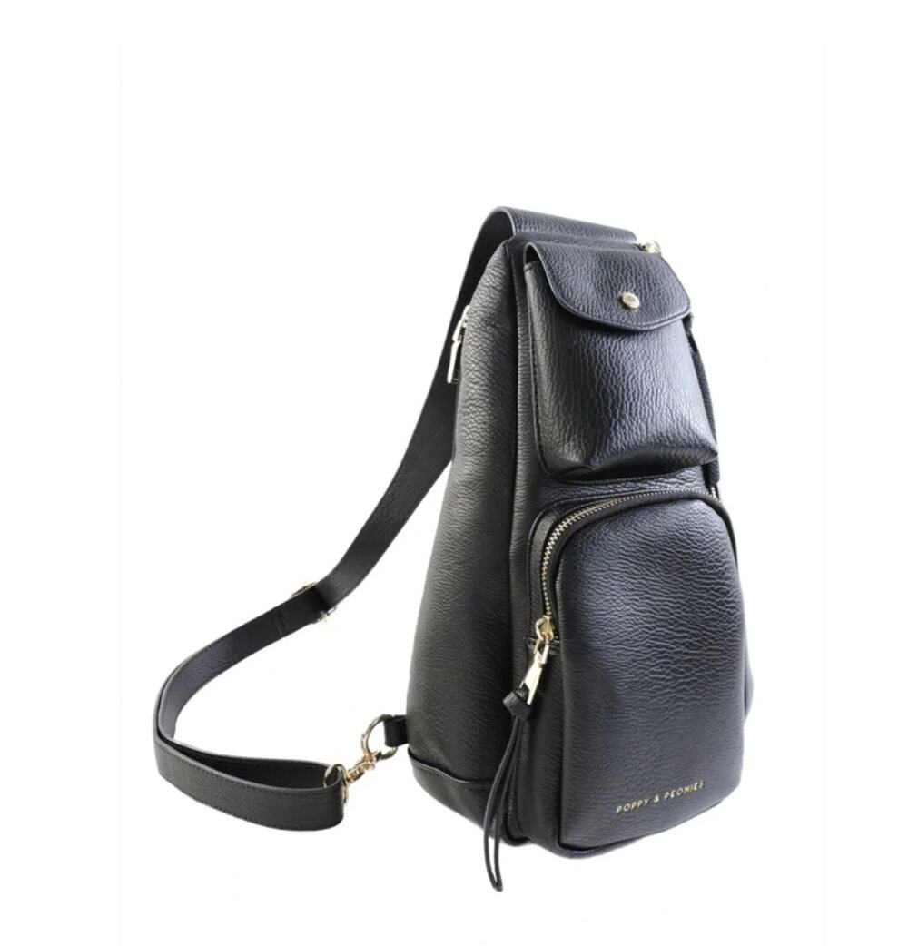 Poppy & Peonies The Sidekick Black Vegan Leather Sling Crossbody Bag